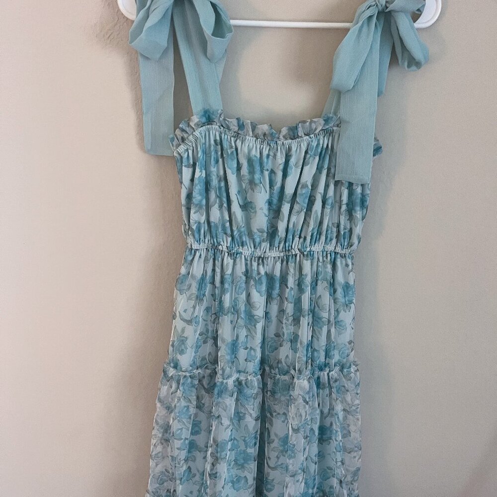 Blue and Green Floral Ruffle Maxi Dress with Bows S